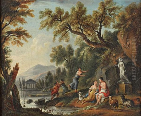 Bergere Et Berger Jouant De La Flute Au Bord D'une Riviere Oil Painting by Jean Baptiste Lallemand