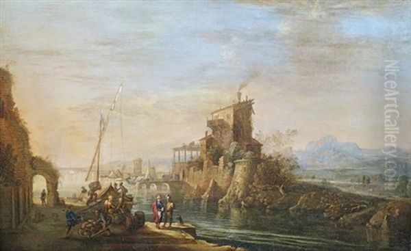 Sudlicher Hafen Mit Lastbooten, Kaufleuten Und Reisenden Im Abendlicht Oil Painting by Jean Baptiste Lallemand