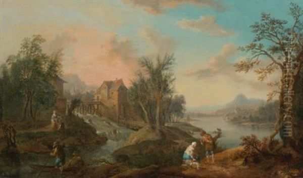 A Coastal Landscape With Figures In A Boat And Along A Path by Jean Baptiste Lallemand