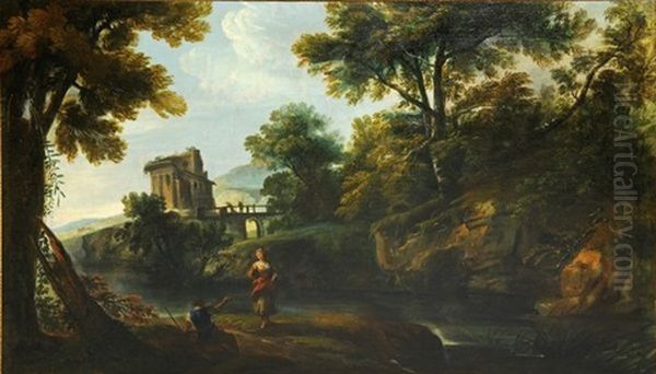 Paysage Lacustre Anime De Personnages Oil Painting by Jean Baptiste Lallemand