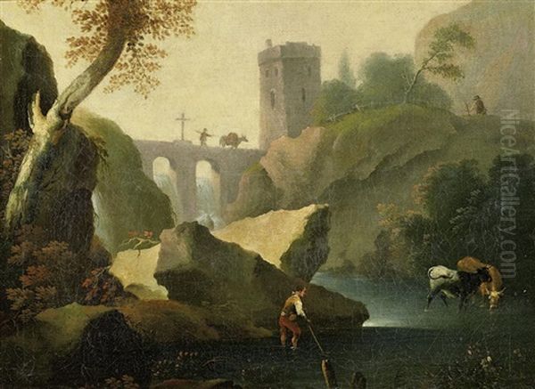 Flusslandschaft Mit Zwei Anglern (+ Flusslandschaft Mit Wasserfall; 2 Works) Oil Painting by Jean Baptiste Lallemand