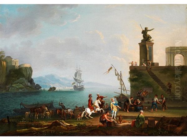 Sudlicher Hafen Mit Reitern, Handelseuten Und Weiterer Figurenstaffage Sowie Grossem Hafenmonument Oil Painting by Jean Baptiste Lallemand