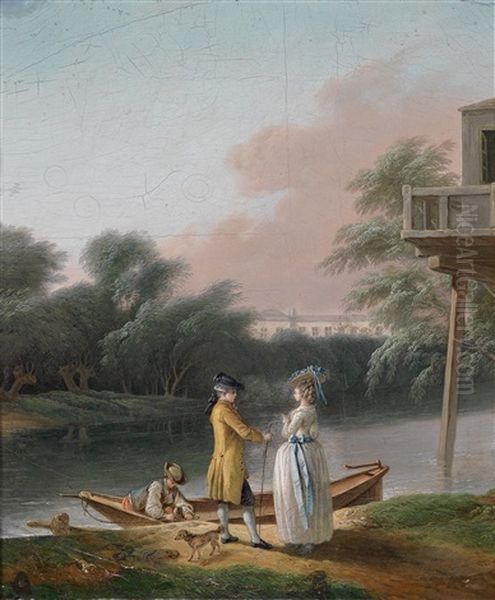 Elegantes Paar An Einem Flusufer Vor Einem Boot (+ Eine Dame Mit Kind Vor Einer Brucke In Einem Wald; Pair) Oil Painting by Jean Baptiste Lallemand