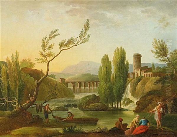 Italienische Flusslandschaft Mit Fischern Am Ufer Oil Painting by Jean Baptiste Lallemand