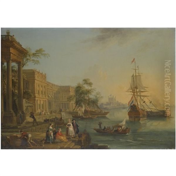 A Capriccio View Of The Custom House And Embankment In London With Figures On The Quay In The Foreground Oil Painting by Jean Baptiste Lallemand