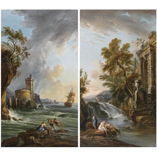 A Rocky Coastal Landscape With Fishermen Pulling In Their Nets (+ Bathers On The Rocks Beneath A Waterfall And An Ancient Roman Ruin; Pair) Oil Painting by Jean Baptiste Lallemand