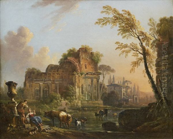 Bergers Pres De Ruines Oil Painting by Jean Baptiste Lallemand