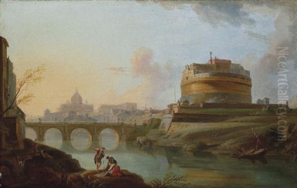 A View Of The Tiber, Rome, With The Castel Sant Angelo And St. Peter's Beyond Oil Painting by Jean Baptiste Lallemand