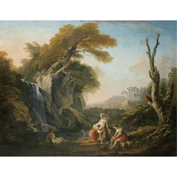 A Classical Landscape With Women Bathing By A Waterfall With Two Boys Looking On Oil Painting by Jean Baptiste Lallemand