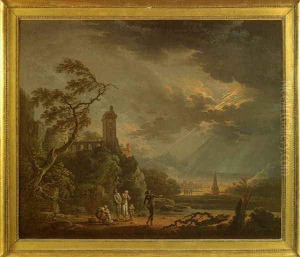 Promeneurs Et Pelerins De Saint Jacques Surpris Par L'orage Devant Un Paysage Panoramique Oil Painting by Jean Baptiste Lallemand