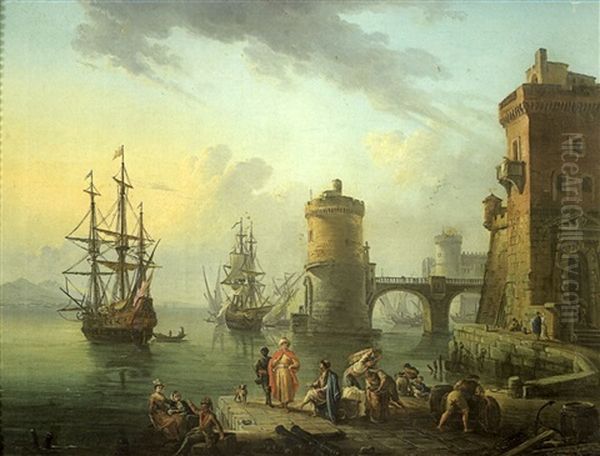 Marchands Turcs Sur L'embarcadere Devant Les Navires Oil Painting by Jean Baptiste Lallemand