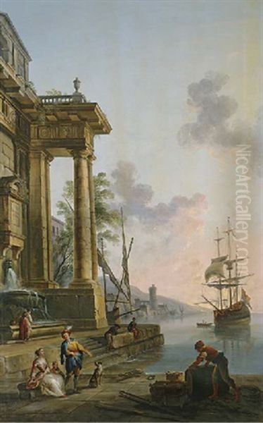 A Mediterranean Port At Sunset With Figures On A Quay Oil Painting by Jean Baptiste Lallemand