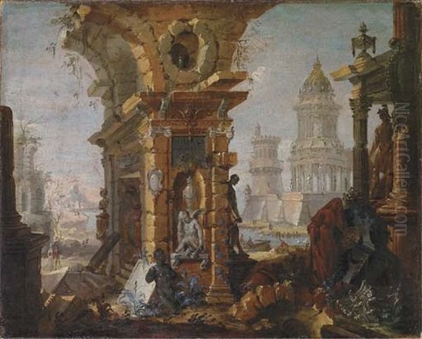 Capriccio Architettonico Con Porticato In Rovina E Edifici Classici Oil Painting by Jean Baptiste Lallemand