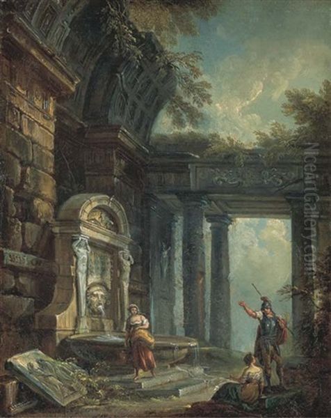 Un Soldat Et Deux Femmes Devant Une Fontaine Antique Oil Painting by Jean Baptiste Lallemand