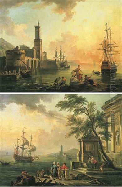 Fishermen And Courtesans In A Mediterranean Port At Sunset (+ Fishermen And Turkish Merchants In A Mediterrenean Port At Sunrise, Insc.; Pair) Oil Painting by Jean Baptiste Lallemand