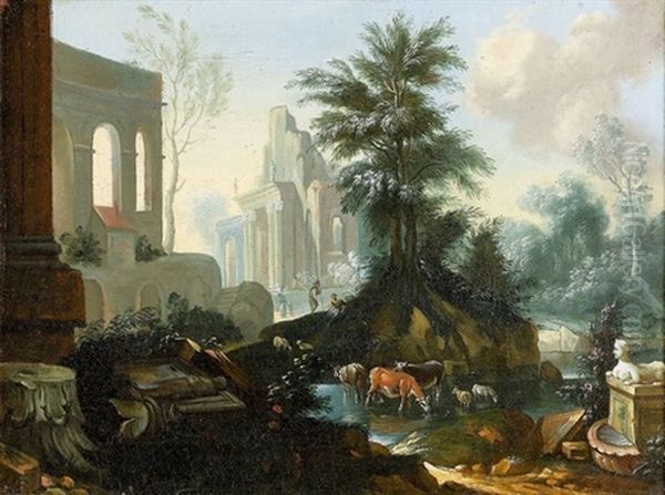 Idyllische Hirtenpartie In Ruinenlandschaft Oil Painting by Jean Baptiste Lallemand