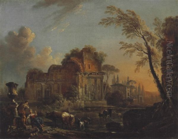 Bergers Et Leur Troupeau Devant Des Ruines Romaines Oil Painting by Jean Baptiste Lallemand