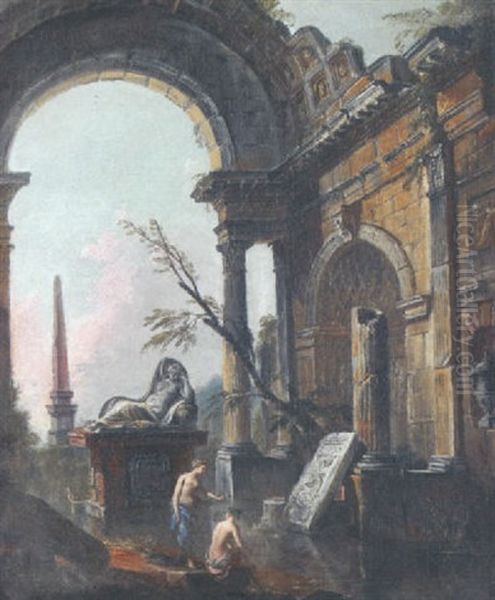 Baigneuses Dans Un Bassin Entoure De Ruines Oil Painting by Jean Baptiste Lallemand