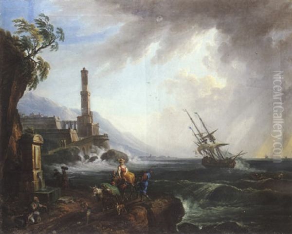 Port Mediterraneen Avec Paysans Sur Le Rivage Oil Painting by Jean Baptiste Lallemand