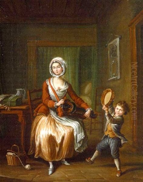 Jeune Femme Jouant De La Vielle Tandis Que Son Petit Garcon Danse En Jouant Du Tambourin Oil Painting by Jean Baptiste Lallemand