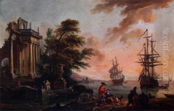 Port Mediterraneen Au Soleil Couchant Oil Painting by Jean Baptiste Lallemand