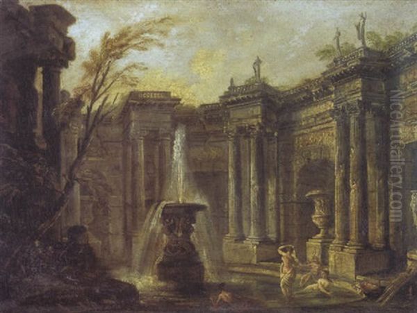 Caprice Architectural A La Fontaine Oil Painting by Jean Baptiste Lallemand