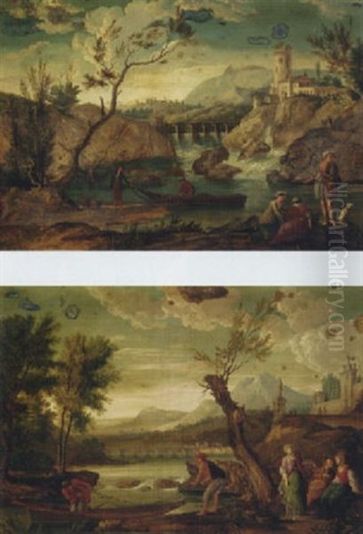 A River Landscape With A Waterfall And Fisherfolk On The Bank, A Fort On A Hill Beyond Oil Painting by Jean Baptiste Lallemand