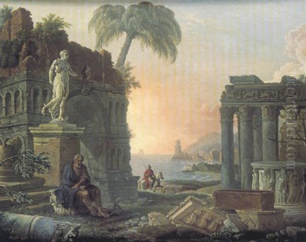 Un Philosophe Meditant Au Milieu Des Ruines Oil Painting by Jean Baptiste Lallemand