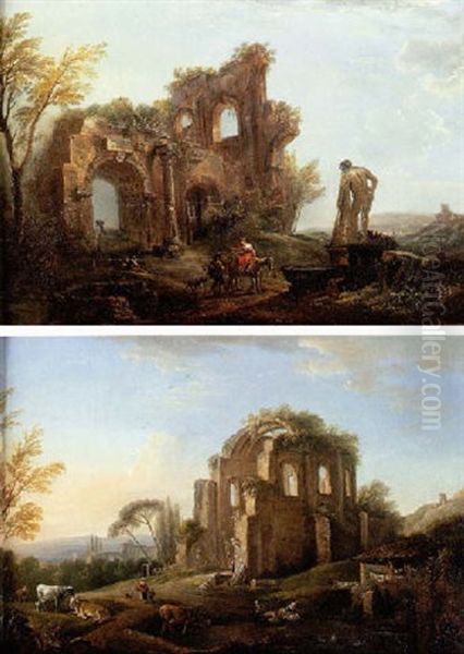 Vue De Ruines Dans La Campagne Italienne Avec L'hercule Farnese Oil Painting by Jean Baptiste Lallemand