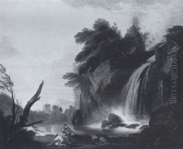 Figures Before A Waterfall Oil Painting by Jean Baptiste Lallemand