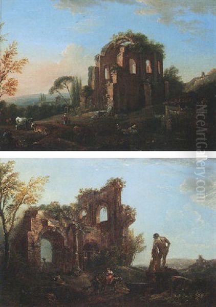 An Italianate Landscape With Figures Amongst Classical Ruins And The Farnese Hercules Oil Painting by Jean Baptiste Lallemand