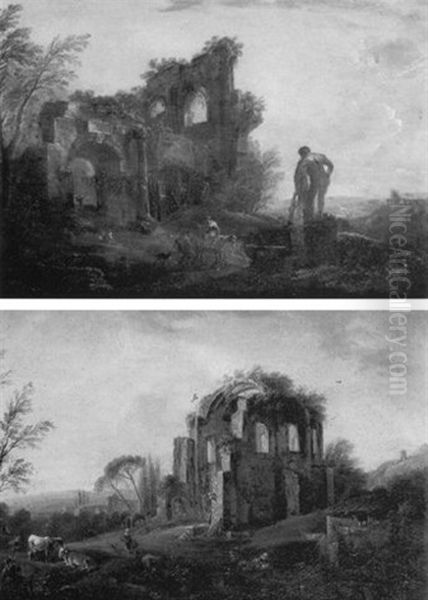 Vue De Ruines Antiques Avec L'hercule Farnese Oil Painting by Jean Baptiste Lallemand