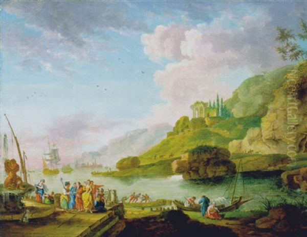 Personnages A La Fontaine Sur Le Quai D'un Port Oil Painting by Jean Baptiste Lallemand