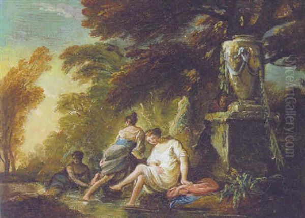 Nymphs Bathing In A Stream By A Sculpted Urn, A Man Looking On Oil Painting by Jean Baptiste Lallemand