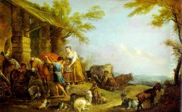 Familia Campesina Rodeada De Sus Animales Oil Painting by Jean Baptiste Lallemand