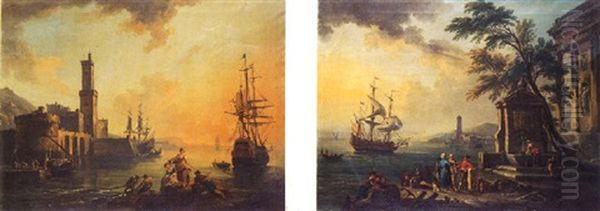 Pecheurs Et Courtisanes Dans Un Port Mediterraneen Au Soleil Couchant Oil Painting by Jean Baptiste Lallemand