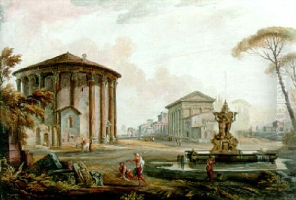 A Capriccio With The Temple Of Cybel On Piazza Della Bocca Della Verita And Other Buildings In The Background Oil Painting by Jean Baptiste Lallemand