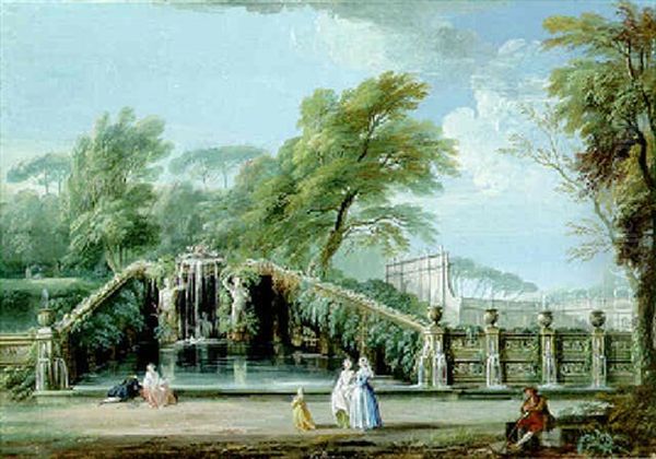 The Garden Of A Roman Villa With Figures By A Fountain Decorated With Atlanti Oil Painting by Jean Baptiste Lallemand