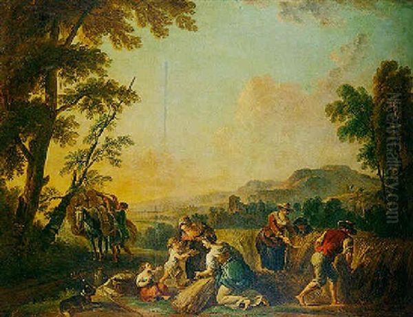 Rustic Family Reaping Wheat Oil Painting by Jean Baptiste Lallemand