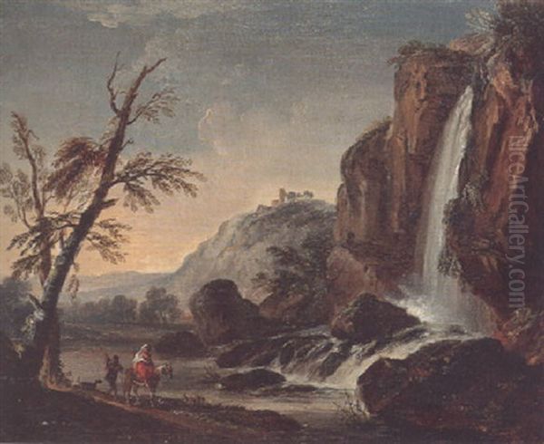 A Rocky River Landscape With Travellers On A Path By A Waterfall Oil Painting by Jean Baptiste Lallemand