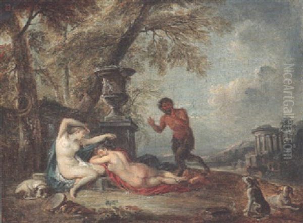 A Satyr And Two Sleeping Nymphs In An Italianate Landscape, A Temple Beyond Oil Painting by Jean Baptiste Lallemand