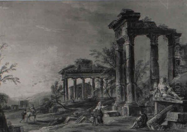 A Roman Capriccio With The Temple Of Jupiter Tonans... Oil Painting by Jean Baptiste Lallemand