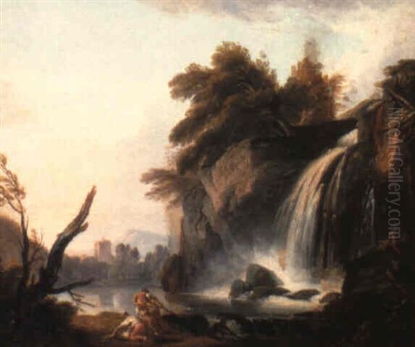 A River Landscape With Fishermen Beside A Cascade Oil Painting by Jean Baptiste Lallemand