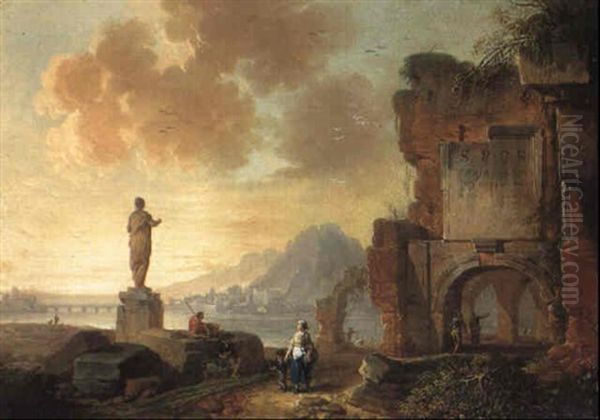 An Italianate Coastal View With Figures On A Track By Classical Ruins Oil Painting by Jean Baptiste Lallemand