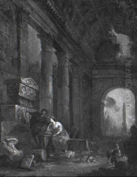 Ruined Classical Building With A Young Couple By A Tomb Oil Painting by Jean Baptiste Lallemand