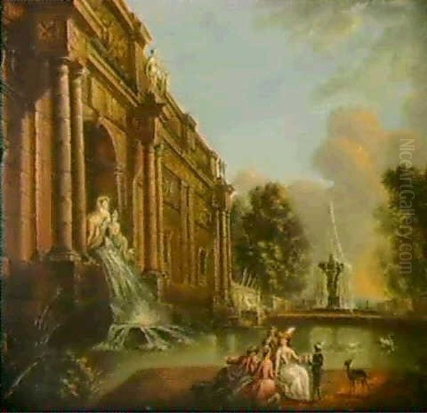 Personnages Goutant Des Sorbets Pres D'une Fontaine Oil Painting by Jean Baptiste Lallemand