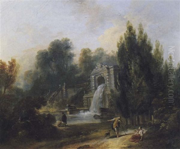 Couples Pres D'une Fontaine Oil Painting by Jean Baptiste Lallemand