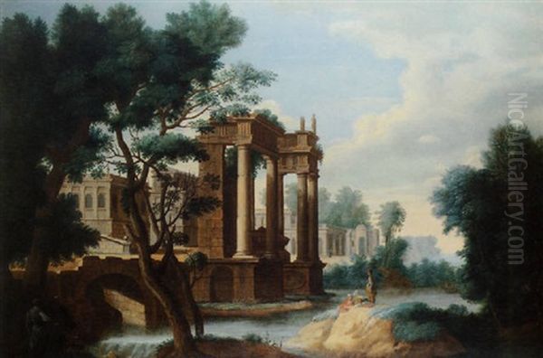 A Capriccio Landscape With Figures Beside A River With Roman Buildings Beyond Oil Painting by Georges Lallemant