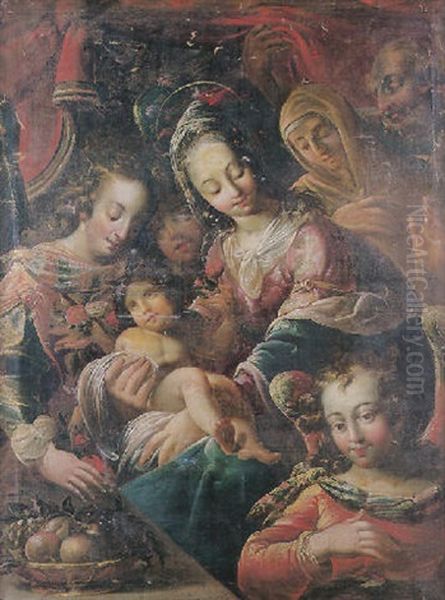 La Sainte Famille Et Saint Anne Entouree D'anges Oil Painting by Georges Lallemant