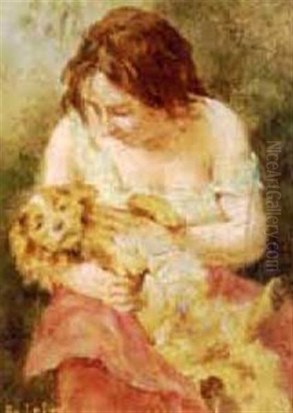 Woman Petting A Spaniel Oil Painting by Adolphe Lalire LaLyre